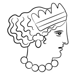 Wall Mural - Head of a beautiful Ancient Greek woman or goddess. Helen of Troy. Portrait go antique lady wearing diadem and necklace. Black and white linear silhouette.