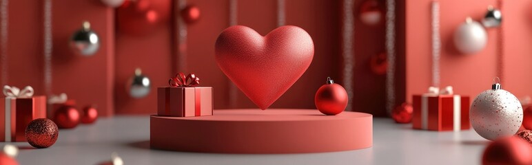 Poster - 3D rendering of a heart on a podium surrounded by decorative gift boxes and ornaments