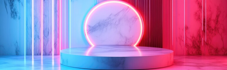 Poster - 3D rendering of a geometric podium made of white marble paired with modern abstract wallpaper