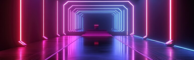 Fototapete - 3D rendering of a virtual reality space featuring a neon lit square portal tunnel and corridor with an ultraviolet abstract backdrop complemented by a laser display a fashion catwalk podium and re
