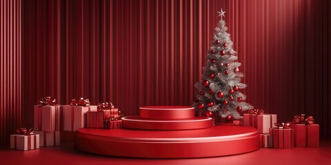 Aufkleber - 3D red podium with a festive backdrop featuring a Christmas tree designed for a New Year theme showcasing a product display stand for cosmetics illustrated in a Vray render style