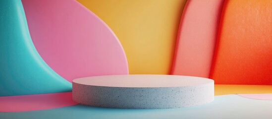 Poster - 3D rendering of a minimalistic scene featuring a podium and an abstract background with geometric shapes and vibrant colors