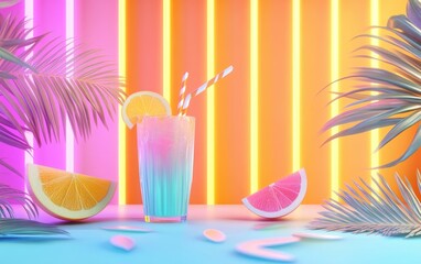 Poster - 3D rendering of a vibrant summer themed background for product presentation featuring a geometric Memphis design