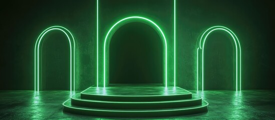 Aufkleber - 3D rendered green retro neon podium set against a dark neon wireframe backdrop featuring abstract glowing elements