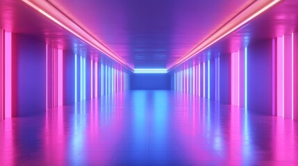 Poster - 3D render featuring a vibrant blue pink and violet neon abstract background with ultraviolet lighting showcasing an empty interior resembling a night club corridor or tunnel adorned with illuminat