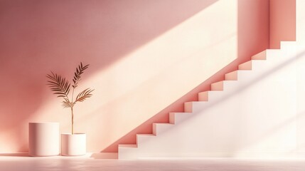 Poster - 3D rendering of stairs in a minimalist setting featuring modern geometric design Autumnal hues create a backdrop suitable for banners or product showcases