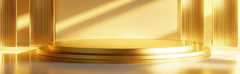 3D illustration of a golden podium featuring an empty pedestal designed for an award ceremony or exhibition stage