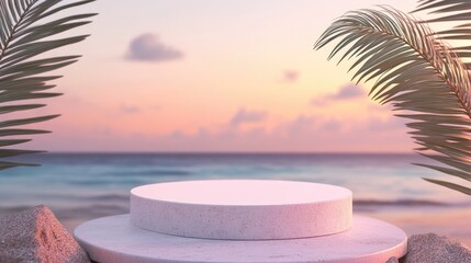 Aufkleber - 3D podium with blank space for product showcase set against an abstract background of a sunset beach Concept of summer and vacation Graphic rendering and artistic design
