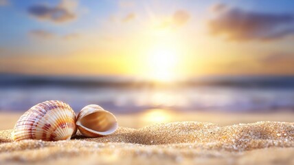 A shell is laying on the sand next to the ocean