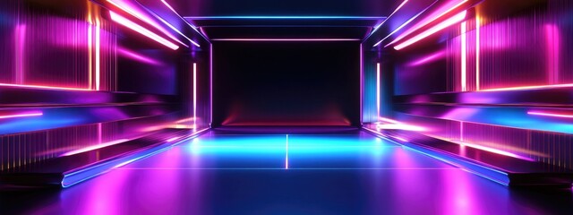 Poster - 3D rendering of a neon metal texture on an empty stage set against a futuristic science and technology background