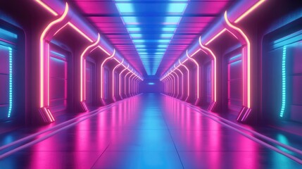 Poster - 3D render featuring a vibrant blue pink and violet neon abstract background with ultraviolet lighting showcasing an empty interior resembling a night club corridor or tunnel adorned with illuminat