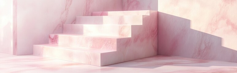 Poster - 3D rendering of a stair shaped display stand featuring pink and white colors with a marble texture and a pastel background