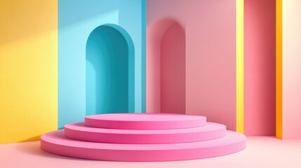 Poster - 3D rendering of abstract geometric shapes featuring a podium in pink blue and yellow hues with a minimalistic design Illustration