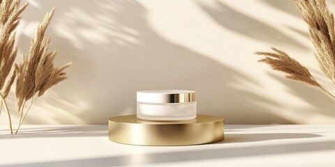 Poster - 3D rendering of a blank product display for cosmetic cream on a contemporary gold podium