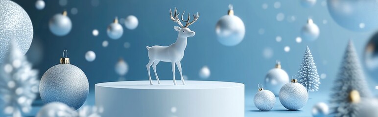 Aufkleber - 3D rendering of an abstract holiday scene featuring a blue background and a white podium with a reindeer