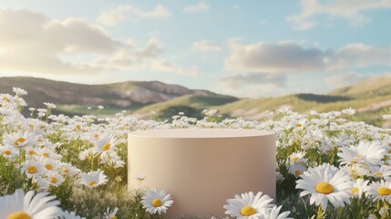 Poster - 3D render mockup template showcasing a light tan podium surrounded by white daisy flowers in a scenic landscape