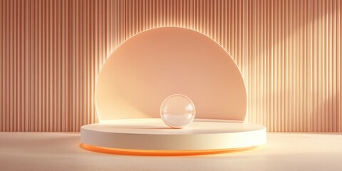 Aufkleber - 3D rendered illustration of a circular product display podium featuring a sphere and an interior setting The abstract modern backdrop creates an empty space for minimal product presentation