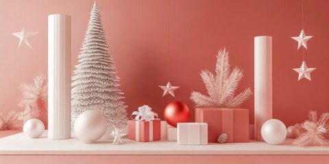 Aufkleber - 3D render illustration featuring festive elements like Christmas ornaments stars and a Christmas tree on a product display platform Winter themed decor with a minimalistic design for the holiday se