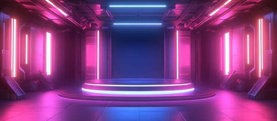 Poster - 3D rendered illustration of an abstract background featuring a podium stage for artistic display product showcase and gaming inspired cyberpunk style
