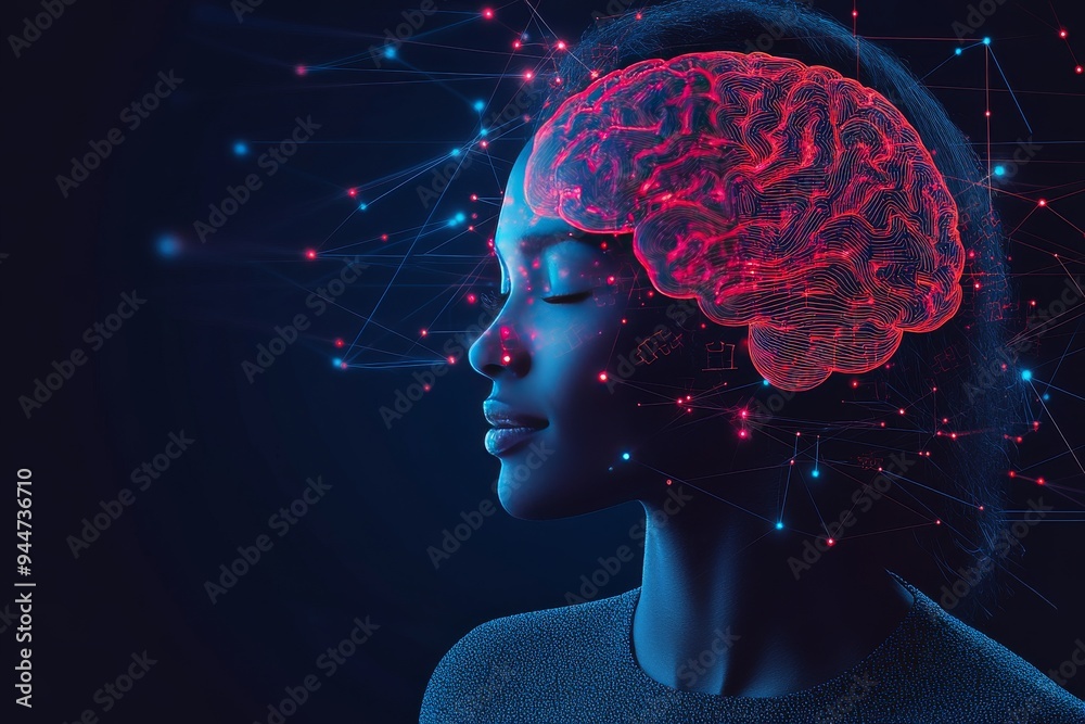Digital Illustration of a Womans Head with a Glowing Brain Highlighting ...