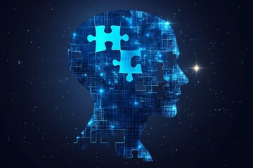 Wall Mural - Digital Silhouette of a Human Head with Puzzle Pieces Highlighting the Fragmented Nature of Identity and the Complexity of Self Understanding in a Futuristic Tech Driven Context