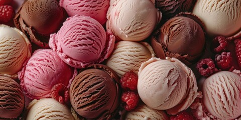 Wall Mural - Top view of assorted berry vanilla and chocolate ice cream scoops