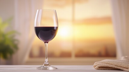 A wine glass is sitting on a table with a window behind it