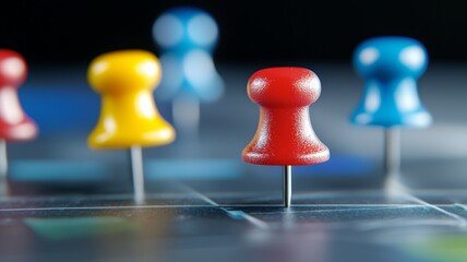 A row of colorful pins are on a black surface