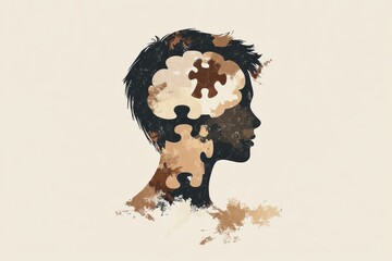 Poster - Profile of a human head composed of puzzle pieces illustrating mental challenges problem solving and the intricate connections of the mind