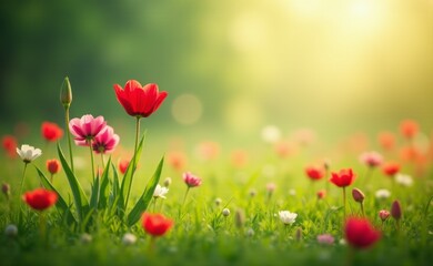 Wall Mural - A field of flowers with a red tulip in the foreground