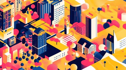 Wall Mural - Cityscape Illustration with Vibrant Colors and Geometric Shapes