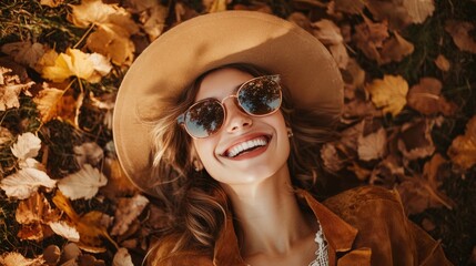 Wall Mural - Autumn Fashion woman, Autumn fashion woman, a fashionable woman walking in the natural autumn scenery with a sunny smile