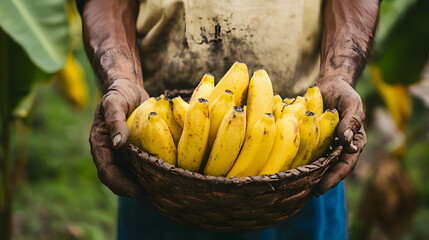 Farmer s Hands Holding Freshly Harvested Organic Bananas in Tropical Plantation