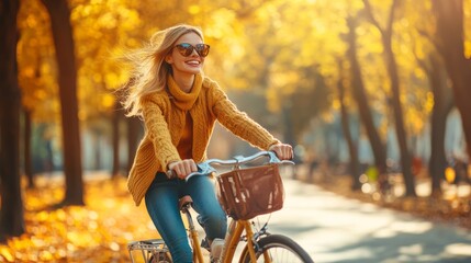 Wall Mural - Autumn riding fashion woman, Autumn fashion woman, a fashionable woman riding in the natural autumn scenery with a sunny smile
