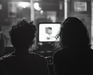 Black and white photo of two people watching a screen together in a dimly lit room, creating a nostalgic and intimate atmosphere.