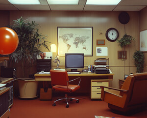 Vintage office room with retro decor, complete with a desk, chair, computer, and a world map on the wooden wall for work inspiration.