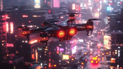 Poster - Drone Flying Over Cityscape At Night With Rain