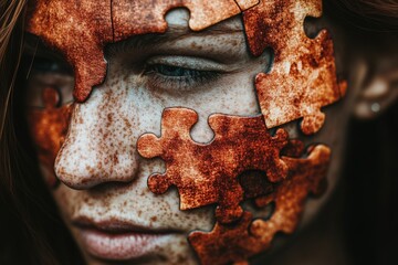 Poster - Woman with Rusty Puzzle Pieces on Face Symbolizing the Deterioration of Identity Memory and the Aging Process in a Dramatic Textured Image