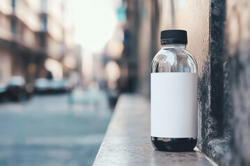 Clear plastic bottle with blank label on a concrete ledge with urban street in the background. Focus on bottle, blurred surroundings.