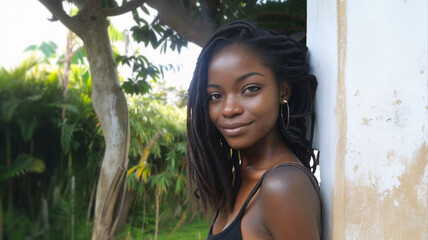 Wall Mural - Smiling woman with long dreadlocks wearing a black top and hoop earrings, leaning against a wall in a lush outdoor setting, exuding calm and natural beauty