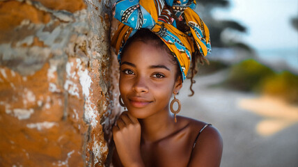 Wall Mural - Smiling woman with a colorful headwrap and hoop earrings, leaning against a textured wall in a sunny outdoor setting, exuding warmth and natural beauty