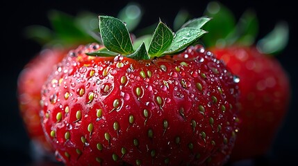 Wall Mural - Water droplets on a strawberry