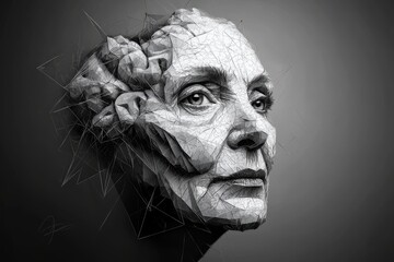 Canvas Print - Abstract Sculpture of Elderly Woman’s Face Representing the Effects of Aging on Memory Identity and the Passage of Time