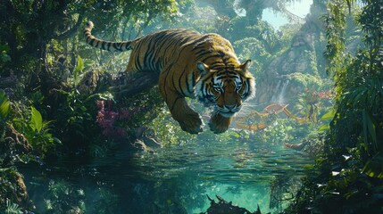 Wall Mural - Bengal Tiger Leaping Over Water in Lush Jungle