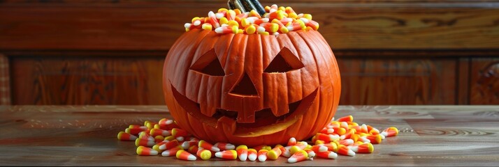 Wall Mural - Pumpkin decorated with candy corn for Halloween