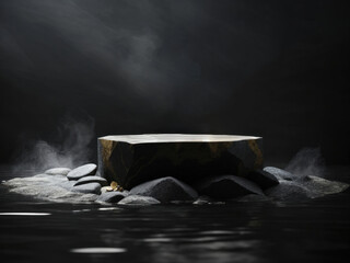 Poster - Dark background with natural granite stones podium on water and smoke surrounding