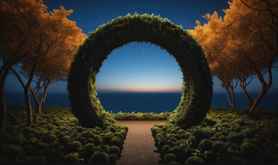 A moss-covered archway frames a view of the ocean and twilight sky at dusk