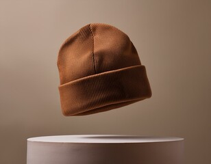 Mock up brown Beanie floating on the studio background