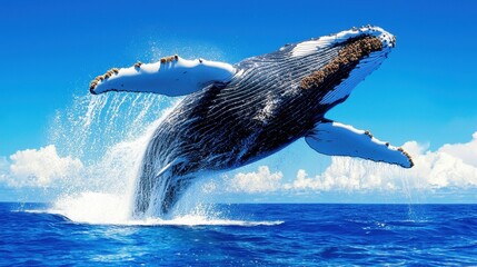 Poster - Humpback Whale Breaching Ocean Water with Splashing Water and Blue Sky