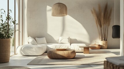 Aufkleber - Minimalist Living Room with White Couch and Wooden Coffee Table